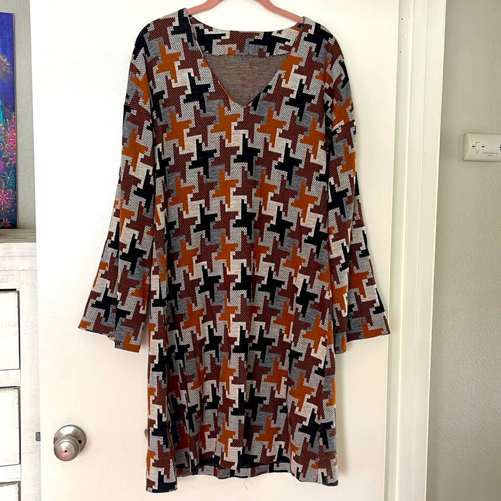 Vintage herringbone printed long sleeve dress.